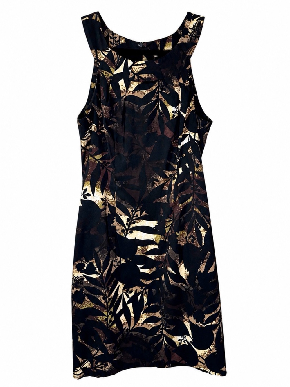 Connected Apparel Dress Size 6 Sleeveless A-Line Black Gold Leaf Print Career
